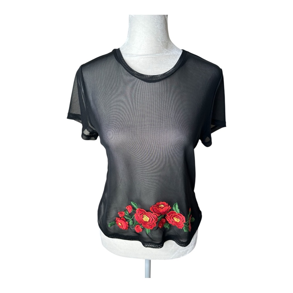 Cosmic Aura Y2K Sheer Black Mesh Top Floral Embroidered Size Large Mall Goth